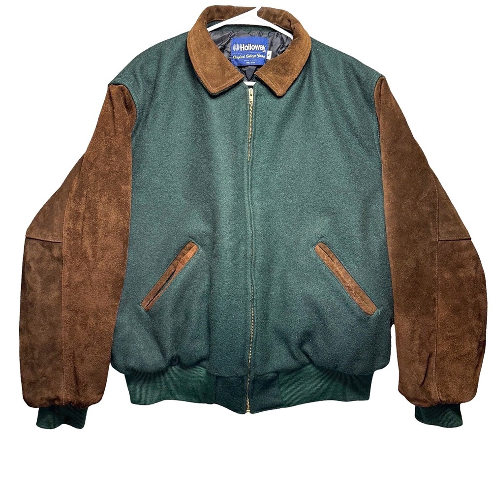 Holloway Original College Jacket XL Green Wool Brown Suede Leather‎ USA Made 90s